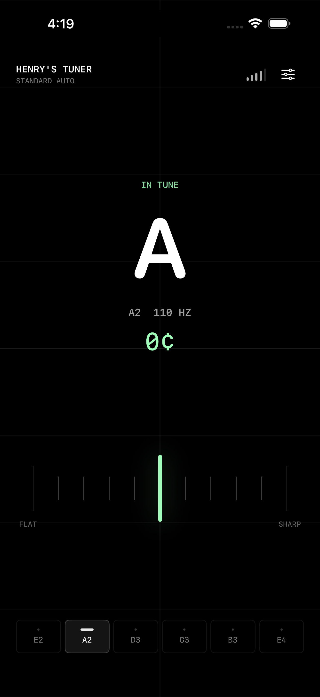Henry's Tuner showing A2 at 110 hertz and zero cents, exactly in tune